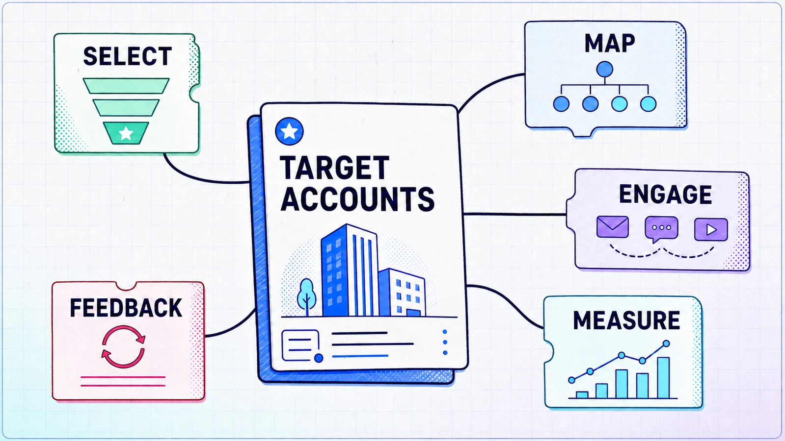 Account-based marketing model connecting target-account selection, committee mapping, engagement, feedback, and measurement.