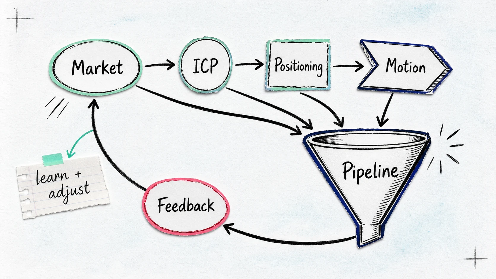 Modern GTM workflow visual showing market signal, ICP, positioning, channel motion, pipeline, and feedback loop