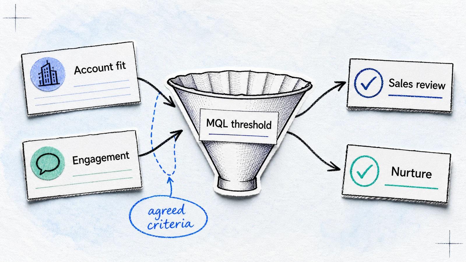 Sketch-comic MQL filter combining account fit and engagement before routing.