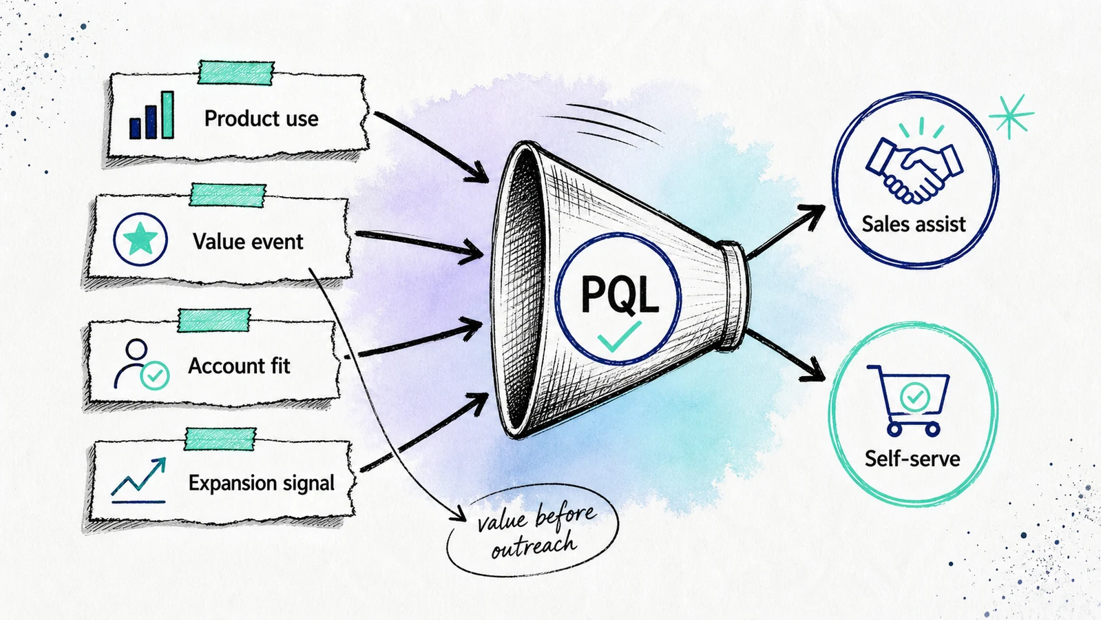 Sketch-comic PQL map combining product value and account fit before routing.