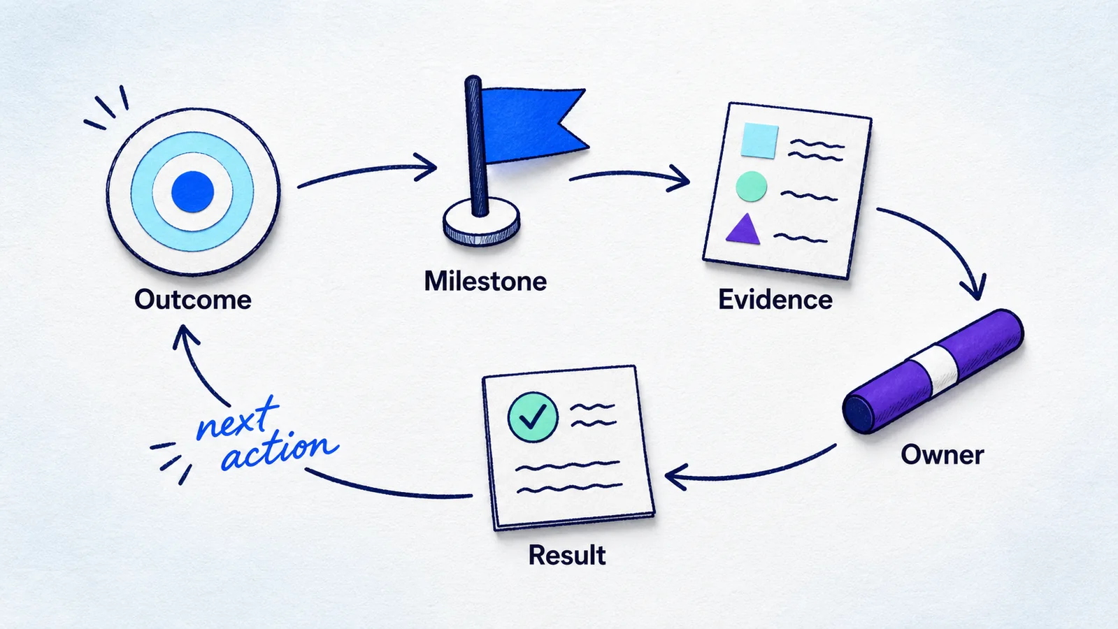 Customer success loop connecting outcome, milestone, evidence, owner, result, and next action.