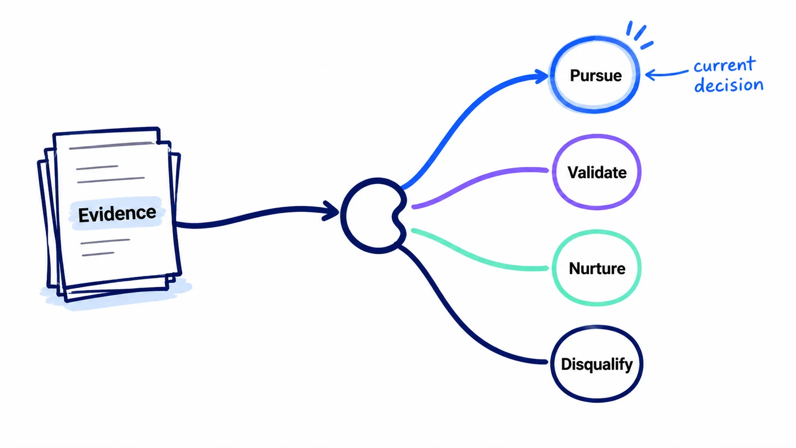 Evidence entering a qualification decision with pursue, validate, nurture, and disqualify outcomes.