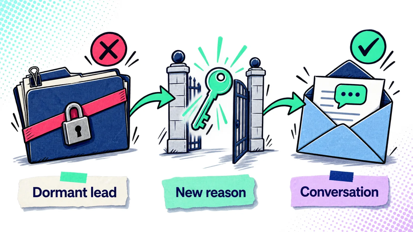 Sketch-comic showing a relevant change supports renewed contact; the prospect's response, not message delivery, restarts the conversation.